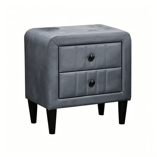 English Elm 2 Drawer Gray Velvet Nightstand Solid Wood Frame Slim Black Legs Modern Bedroom B2770P509803
