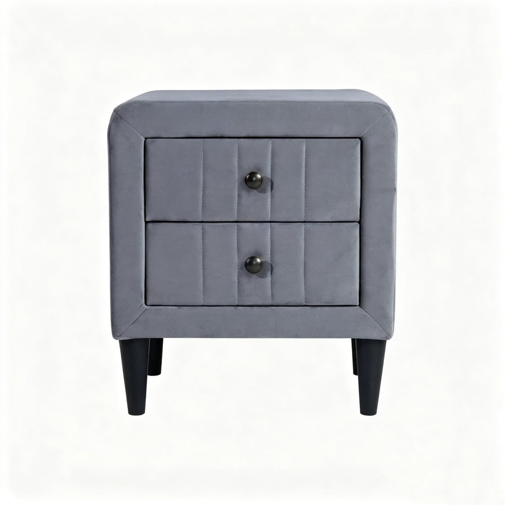 English Elm 2 Drawer Gray Velvet Nightstand Solid Wood Frame Slim Black Legs Modern Bedroom B2770P509803