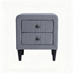 English Elm 2 Drawer Gray Velvet Nightstand Solid Wood Frame Slim Black Legs Modern Bedroom B2770P509803