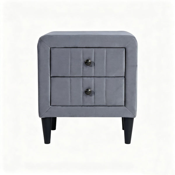 English Elm 2 Drawer Gray Velvet Nightstand Solid Wood Frame Slim Black Legs Modern Bedroom B2770P509803