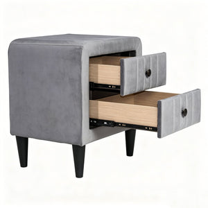 English Elm 2 Drawer Gray Velvet Nightstand Solid Wood Frame Slim Black Legs Modern Bedroom B2770P509803