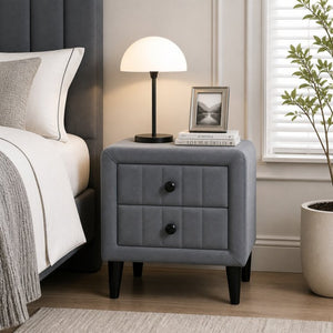 English Elm 2 Drawer Gray Velvet Nightstand Solid Wood Frame Slim Black Legs Modern Bedroom B2770P509803