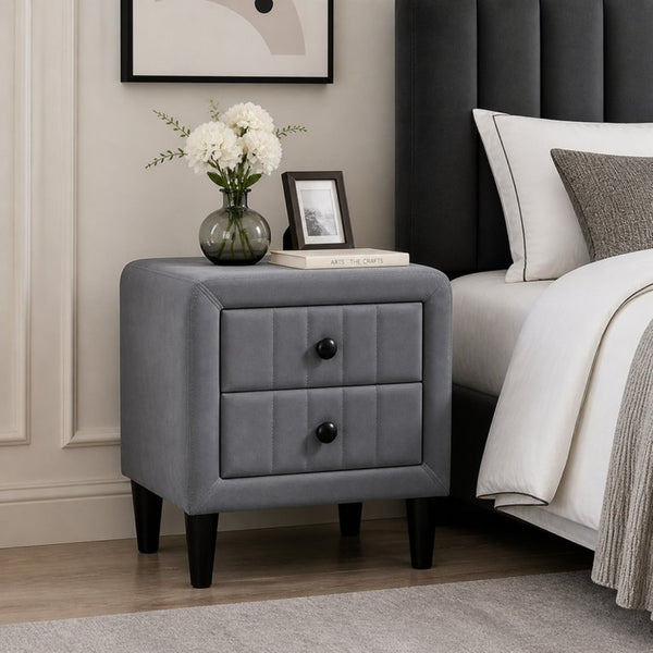 English Elm 2 Drawer Gray Velvet Nightstand Solid Wood Frame Slim Black Legs Modern Bedroom B2770P509803