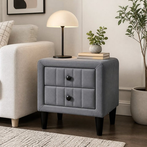 English Elm 2 Drawer Gray Velvet Nightstand Solid Wood Frame Slim Black Legs Modern Bedroom B2770P509803