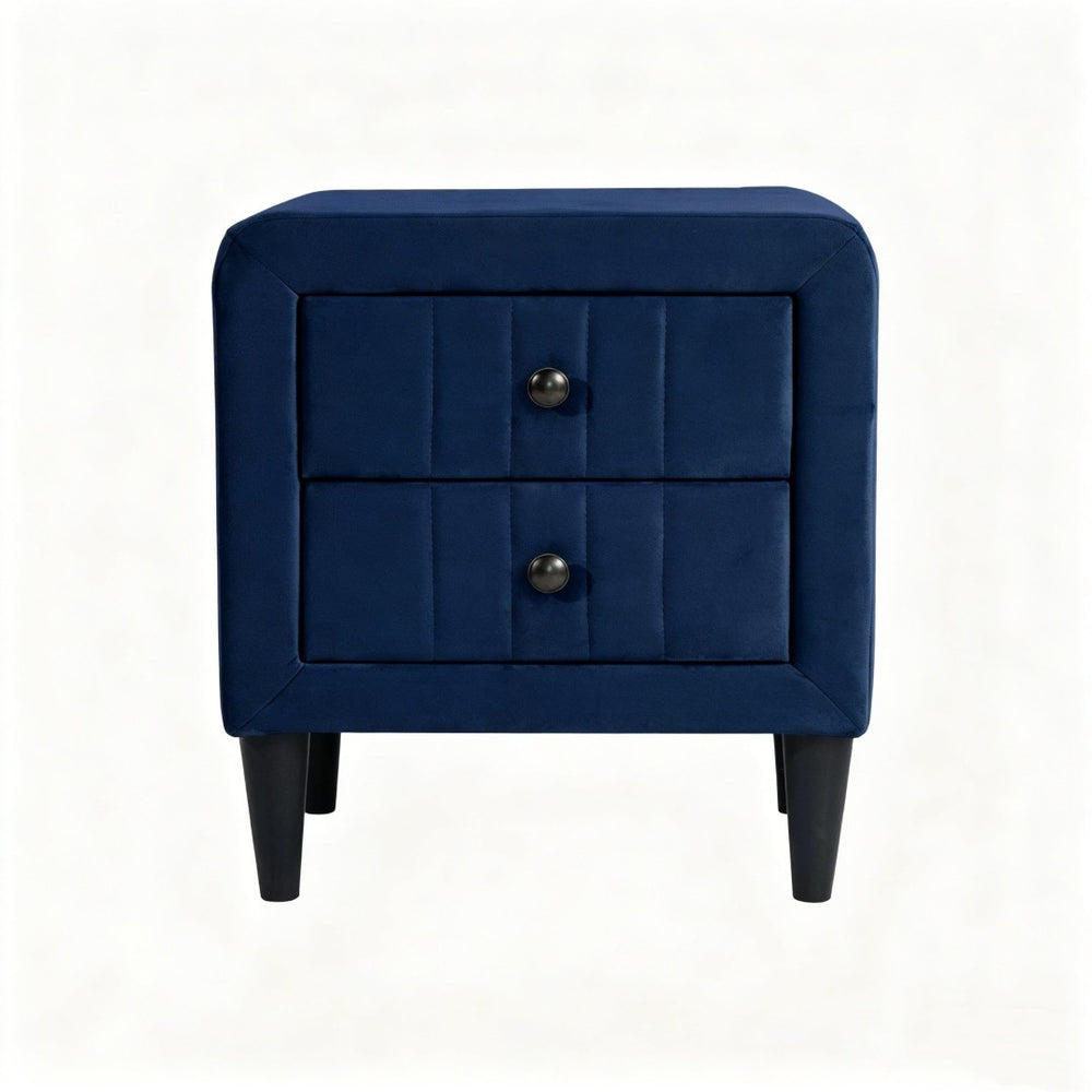 English Elm Navy Velvet Two Drawer Nightstand with Tapered Legs for Modern Bedroom Decor B2770P509805