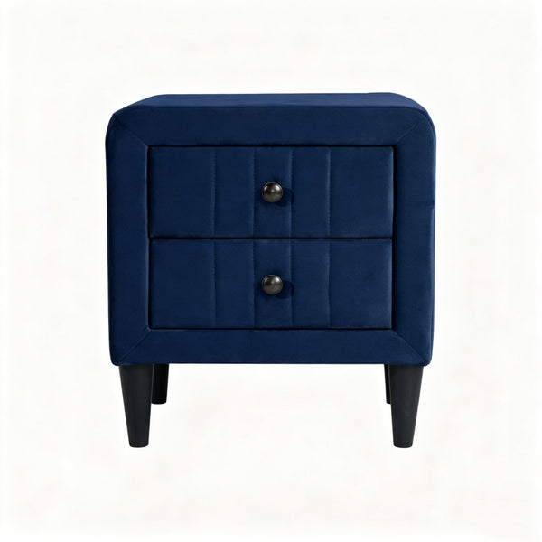English Elm Navy Velvet Two Drawer Nightstand with Tapered Legs for Modern Bedroom Decor B2770P509805