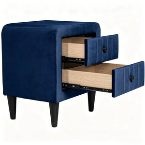 English Elm Navy Velvet Two Drawer Nightstand with Tapered Legs for Modern Bedroom Decor B2770P509805