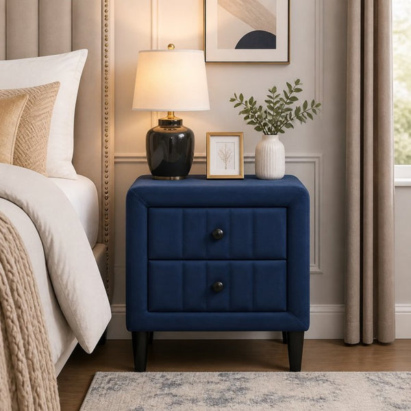 English Elm Navy Velvet Two Drawer Nightstand with Tapered Legs for Modern Bedroom Decor B2770P509805