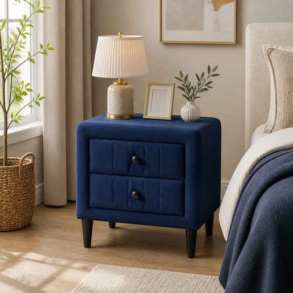 English Elm Navy Velvet Two Drawer Nightstand with Tapered Legs for Modern Bedroom Decor B2770P509805