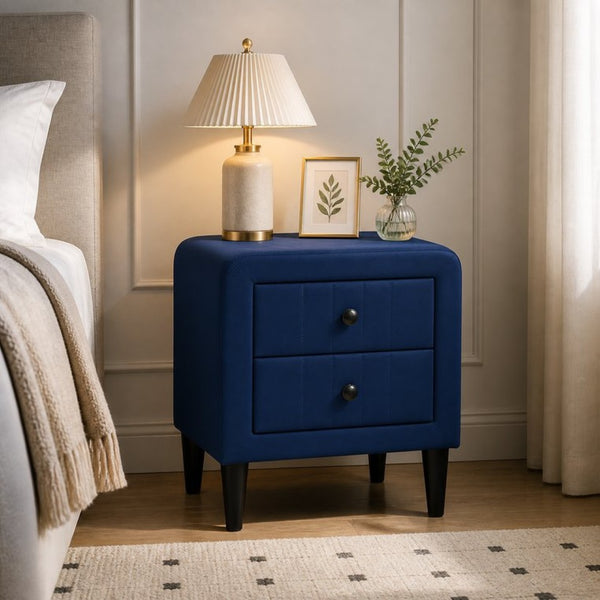 English Elm Navy Velvet Two Drawer Nightstand with Tapered Legs for Modern Bedroom Decor B2770P509805