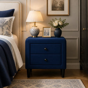 English Elm Navy Velvet Two Drawer Nightstand with Tapered Legs for Modern Bedroom Decor B2770P509805