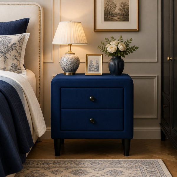 English Elm Navy Velvet Two Drawer Nightstand with Tapered Legs for Modern Bedroom Decor B2770P509805