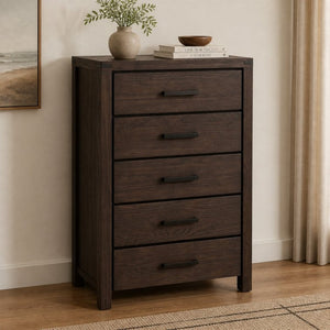 English Elm Dark Brown Pine Tall Five Drawer Chest Nordic Minimalist Bedroom Vertical Storage B2770P509877