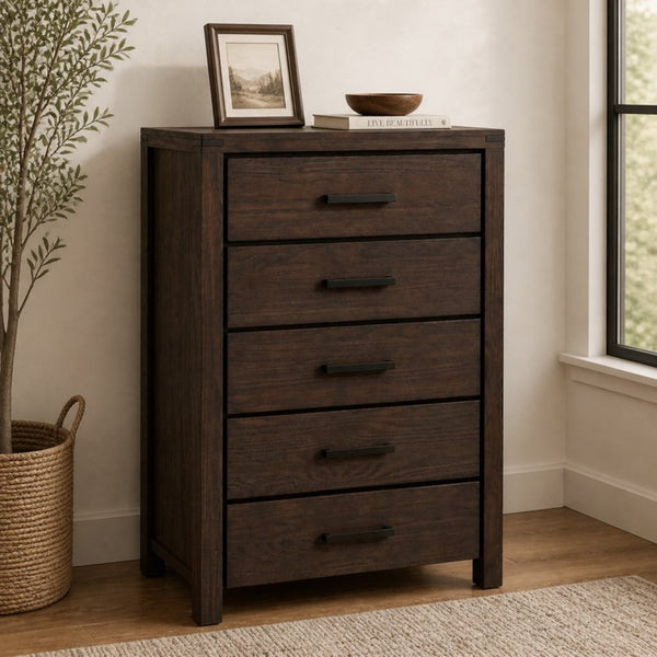 English Elm Dark Brown Pine Tall Five Drawer Chest Nordic Minimalist Bedroom Vertical Storage B2770P509877