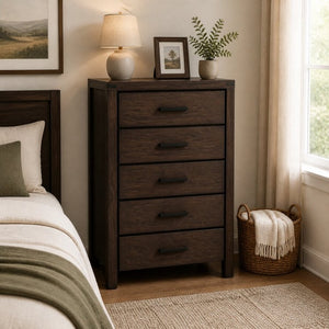 English Elm Dark Brown Pine Tall Five Drawer Chest Nordic Minimalist Bedroom Vertical Storage B2770P509877
