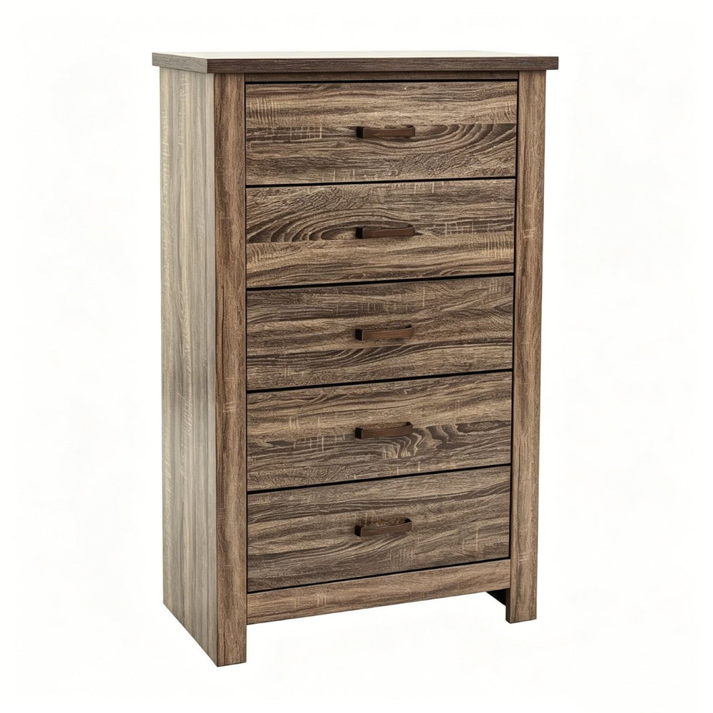 English Elm Modern Nordic Dark Brown Wood Tall Narrow Five Drawer Chest for Bedroom Storage B2770P509889