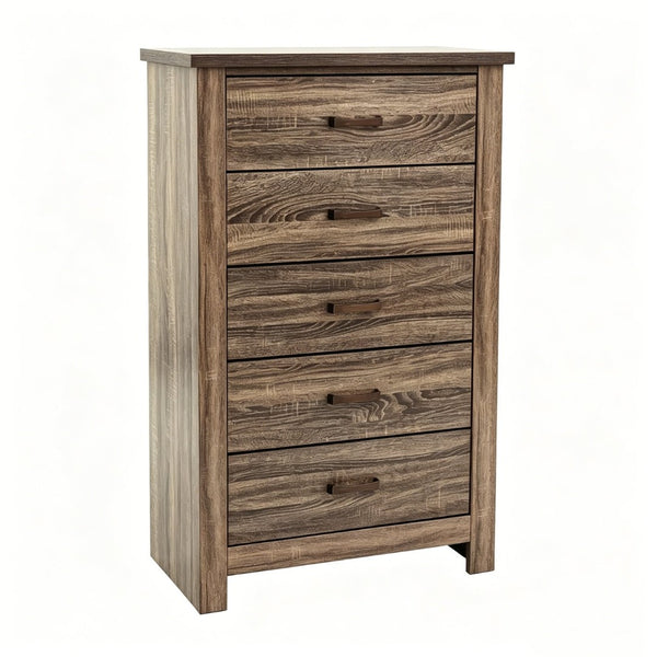 English Elm Modern Nordic Dark Brown Wood Tall Narrow Five Drawer Chest for Bedroom Storage B2770P509889