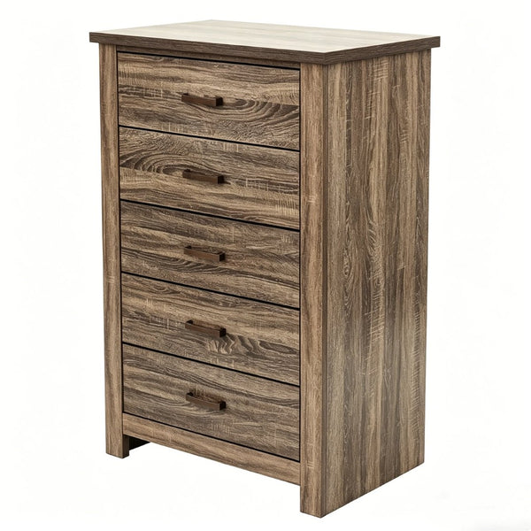 English Elm Modern Nordic Dark Brown Wood Tall Narrow Five Drawer Chest for Bedroom Storage B2770P509889
