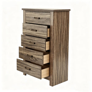 English Elm Modern Nordic Dark Brown Wood Tall Narrow Five Drawer Chest for Bedroom Storage B2770P509889