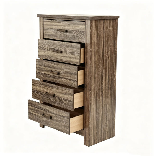 English Elm Modern Nordic Dark Brown Wood Tall Narrow Five Drawer Chest for Bedroom Storage B2770P509889