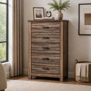 English Elm Modern Nordic Dark Brown Wood Tall Narrow Five Drawer Chest for Bedroom Storage B2770P509889