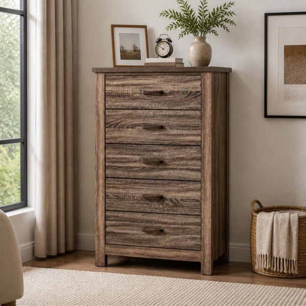 English Elm Modern Nordic Dark Brown Wood Tall Narrow Five Drawer Chest for Bedroom Storage B2770P509889