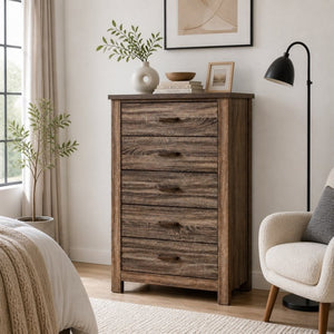 English Elm Modern Nordic Dark Brown Wood Tall Narrow Five Drawer Chest for Bedroom Storage B2770P509889
