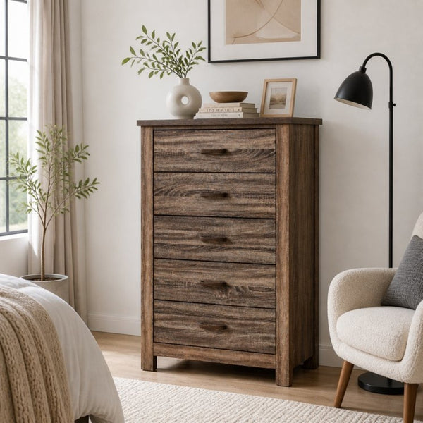 English Elm Modern Nordic Dark Brown Wood Tall Narrow Five Drawer Chest for Bedroom Storage B2770P509889