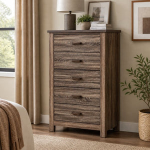 English Elm Modern Nordic Dark Brown Wood Tall Narrow Five Drawer Chest for Bedroom Storage B2770P509889