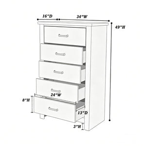 English Elm Modern Nordic Dark Brown Wood Tall Narrow Five Drawer Chest for Bedroom Storage B2770P509889