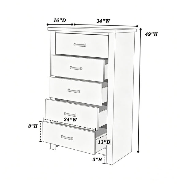 English Elm Modern Nordic Dark Brown Wood Tall Narrow Five Drawer Chest for Bedroom Storage B2770P509889