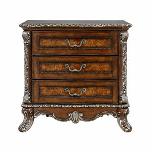 English Elm Devany 3-drawer Antique Oak Bedside Chest with Carved Scrollwork and Champagne Accents B2770P520678