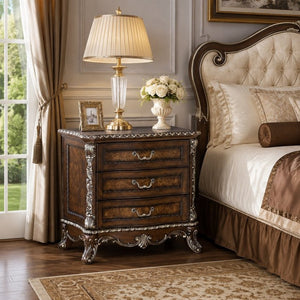English Elm Devany 3-drawer Antique Oak Bedside Chest with Carved Scrollwork and Champagne Accents B2770P520678