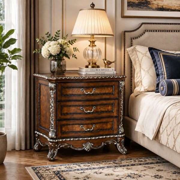 English Elm Devany 3-drawer Antique Oak Bedside Chest with Carved Scrollwork and Champagne Accents B2770P520678