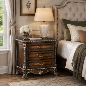 English Elm Devany 3-drawer Antique Oak Bedside Chest with Carved Scrollwork and Champagne Accents B2770P520678
