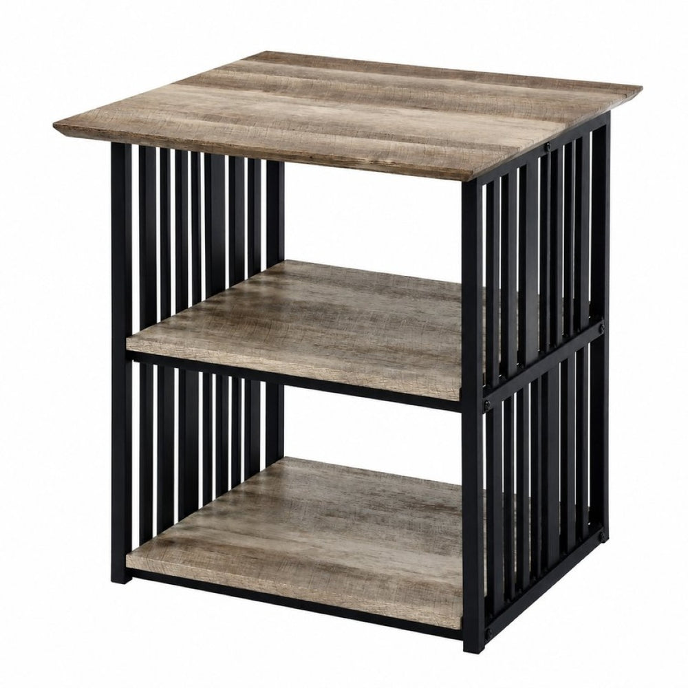 English Elm Zudora Industrial Open Shelf Nightstand Antique Oak Wood and Black Metal Frame B2770P520731