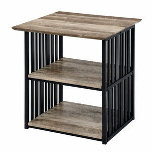 English Elm Zudora Industrial Open Shelf Nightstand Antique Oak Wood and Black Metal Frame B2770P520731