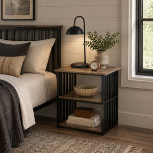 English Elm Zudora Industrial Open Shelf Nightstand Antique Oak Wood and Black Metal Frame B2770P520731