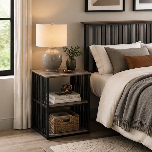 English Elm Zudora Industrial Open Shelf Nightstand Antique Oak Wood and Black Metal Frame B2770P520731
