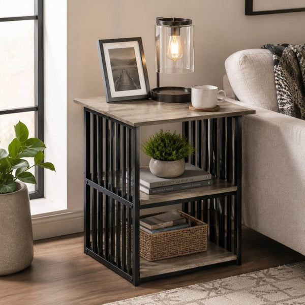 English Elm Zudora Industrial Open Shelf Nightstand Antique Oak Wood and Black Metal Frame B2770P520731