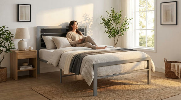 English Elm Modern Steel Platform Bed Faux Leather Headboard Minimalist Bedroom Frame Gray B2771P498514