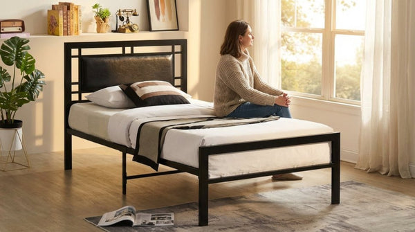 English Elm Modern Matte Black Steel Platform Bed Faux Leather Headboard Minimalist Bedroom Frame B2771P498515
