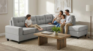 English Elm Modern Low-profile Sectional Sofa with Reversible Chaise for Contemporary Living Spaces Grayish B2771P498536