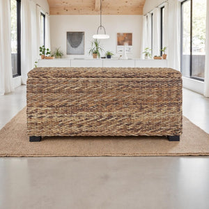 English Elm Rattan Banana Leaf Handwoven Storage Trunk Mahogany Frame Coastal Bohemian Decor B2772P519179