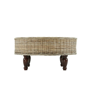 English Elm Round Handwoven Banana Leaf Rattan Coffee Table with Solid Mahogany Base for Living Rooms B2772P519180
