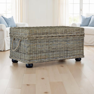 English Elm Kubu Handwoven Rattan Lift Top Storage Trunk Natural Artisan Wicker Coffee Table B2772P519182