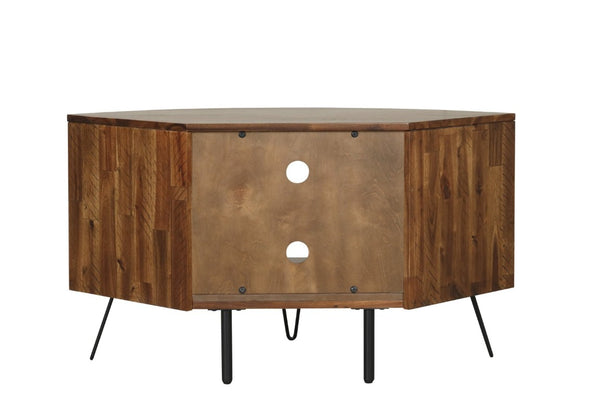 English Elm Dark Brown Acacia Wood Corner TV Stand with Hairpin Legs for Living Rooms B2772P519185