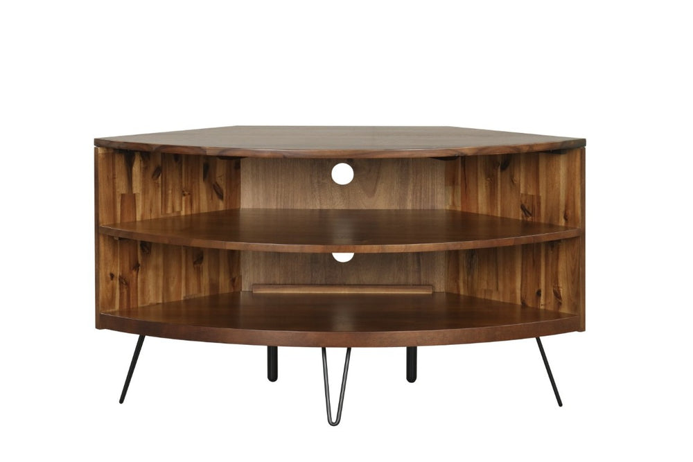 English Elm Dark Brown Acacia Wood Corner TV Stand with Hairpin Legs for Living Rooms B2772P519185