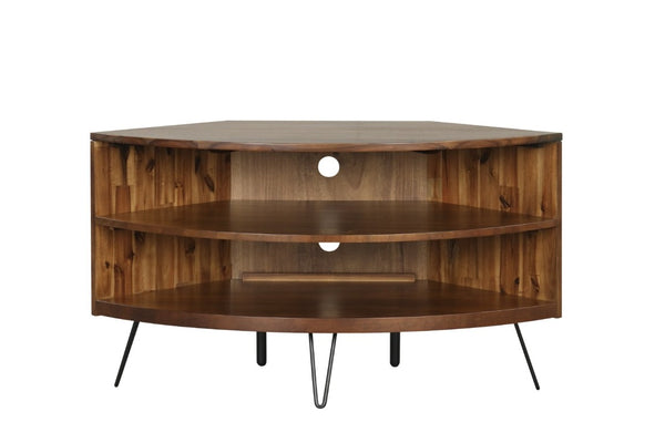 English Elm Dark Brown Acacia Wood Corner TV Stand with Hairpin Legs for Living Rooms B2772P519185