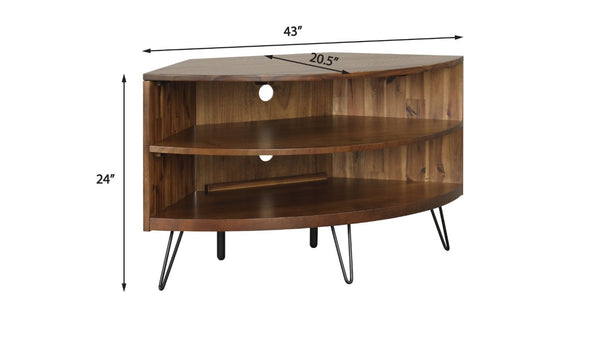 English Elm Dark Brown Acacia Wood Corner TV Stand with Hairpin Legs for Living Rooms B2772P519185